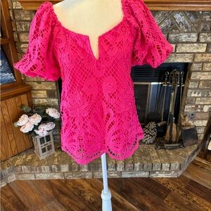 So Me Pink Crochet Puff Sleeve Blouse